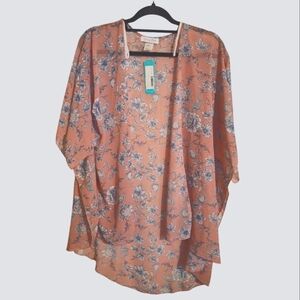 Emory Park Blush Pink And Blue Floral Kimono Cardigan Womens Size L NWT